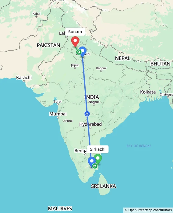Route map showing distance and travel time from Sirkazhi, India to Sunam, India