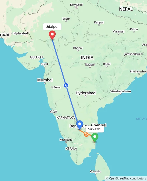 Route map showing distance and travel time from Sirkazhi, India to Udaipur, India