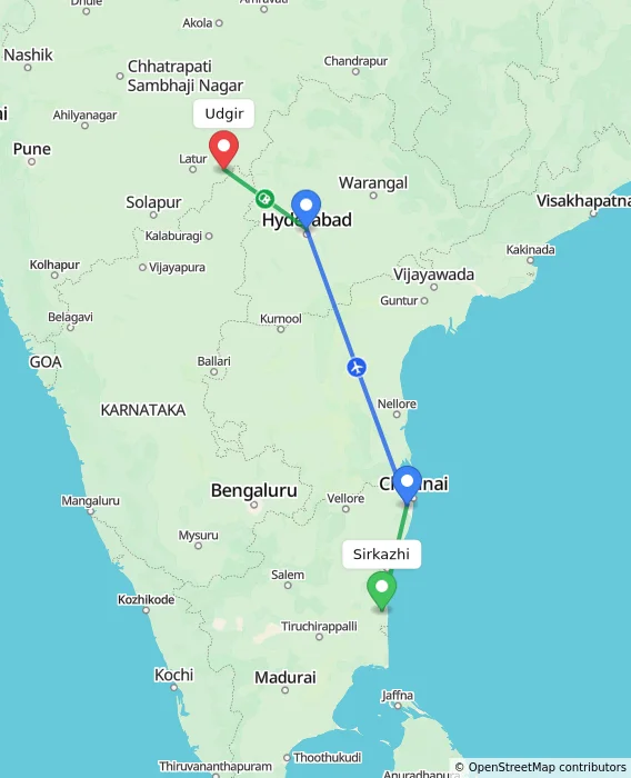 Route map showing distance and travel time from Sirkazhi, India to Udgir, India