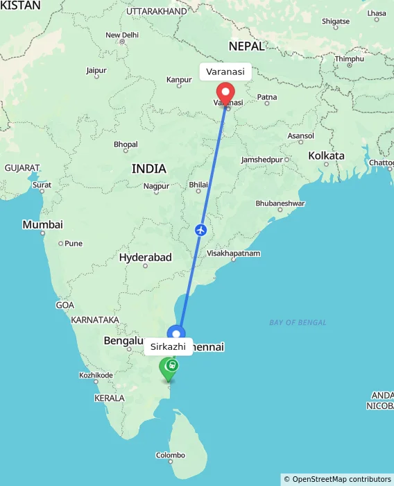 Route map showing distance and travel time from Sirkazhi, India to Varanasi, India