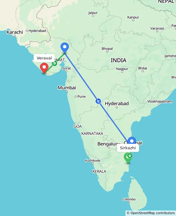Route map showing distance and travel time from Sirkazhi, India to Veraval, India