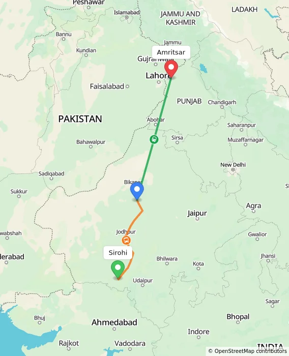 Route map showing distance and travel time from Sirohi, India to Amritsar, India