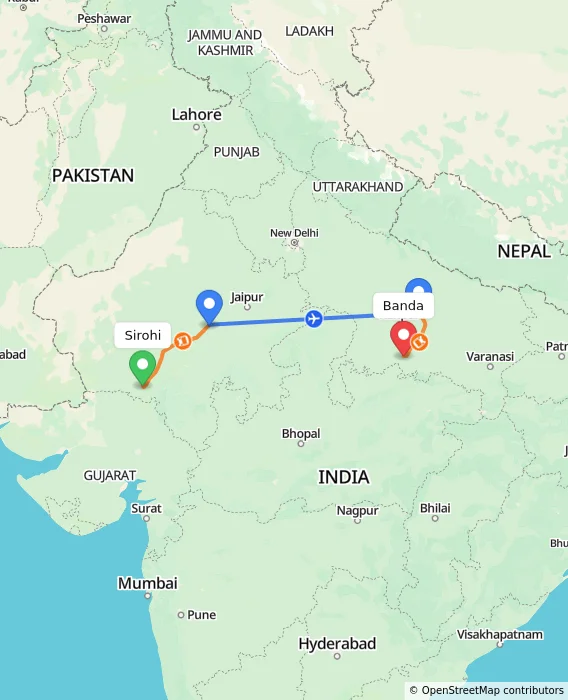 Route map showing distance and travel time from Sirohi, India to Banda, India