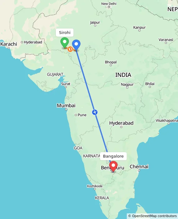 Route map showing distance and travel time from Sirohi, India to Bangalore, India