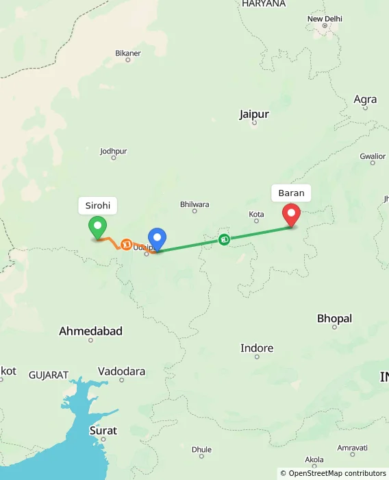 Route map showing distance and travel time from Sirohi, India to Baran, India