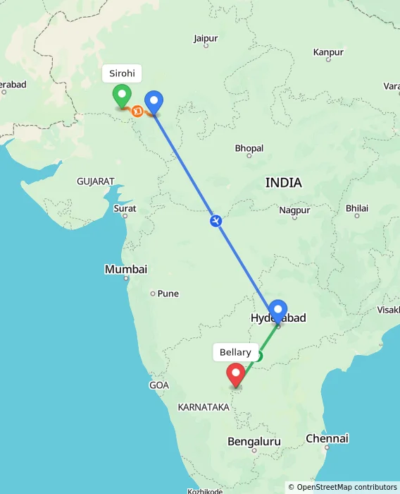 Route map showing distance and travel time from Sirohi, India to Bellary, India