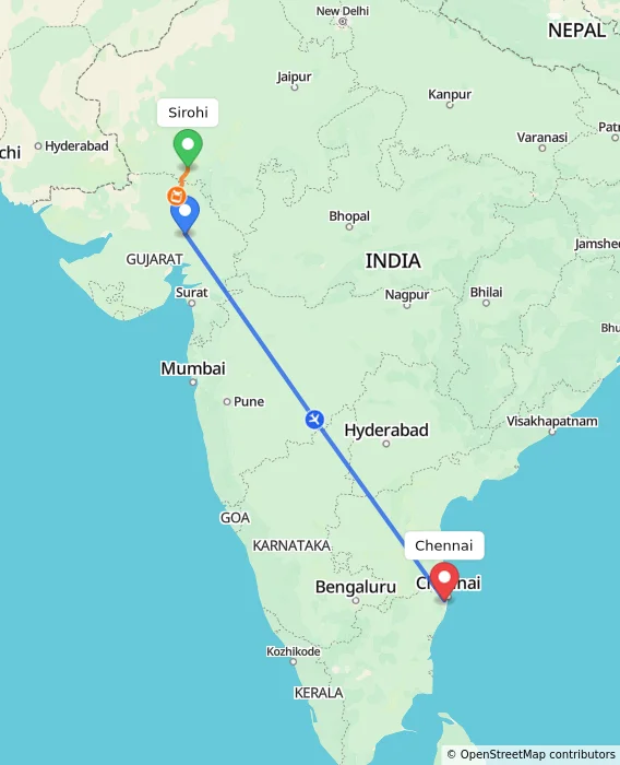 Route map showing distance and travel time from Sirohi, India to Chennai, India