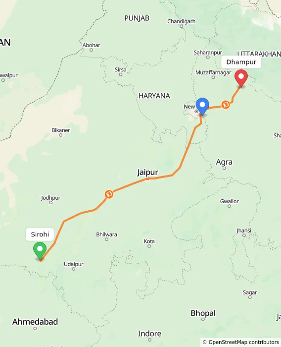 Route map showing distance and travel time from Sirohi, India to Dhampur, India
