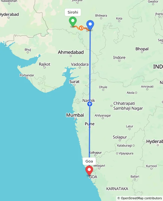 Route map showing distance and travel time from Sirohi, India to Goa, India