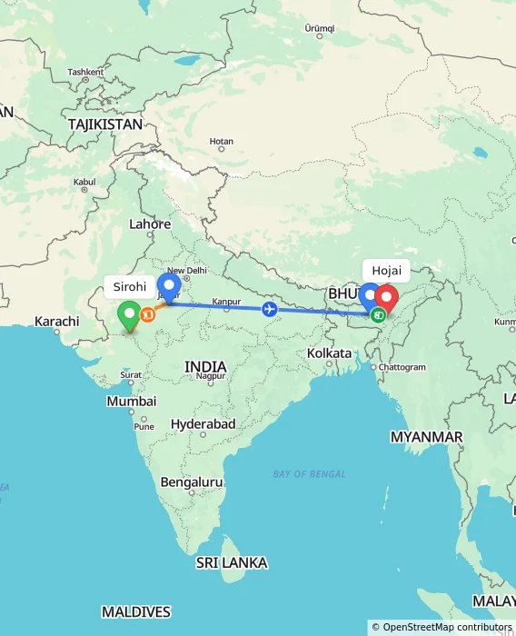 Route map showing distance and travel time from Sirohi, India to Hojai, India