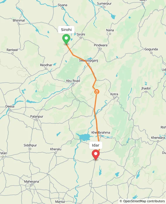 Route map showing distance and travel time from Sirohi, India to Idar, India