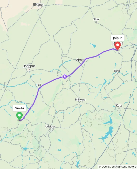 Route map showing distance and travel time from Sirohi, India to Jaipur, India