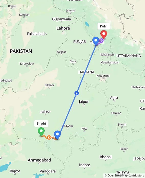 Route map showing distance and travel time from Sirohi, India to Kufri, India