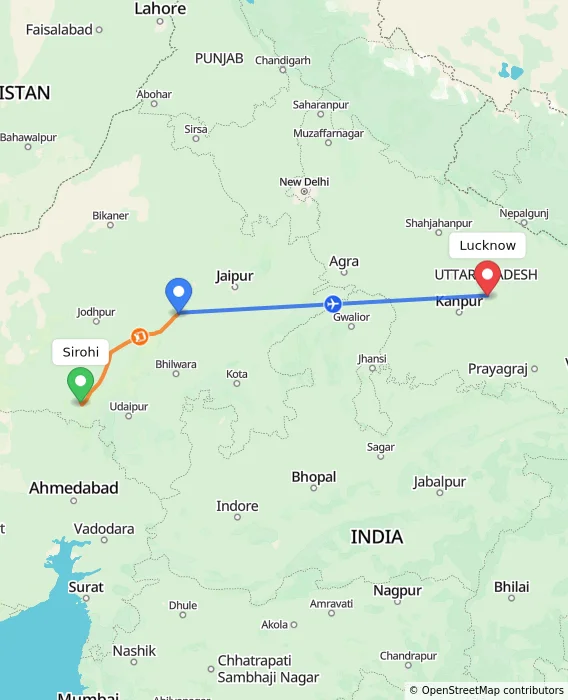 Route map showing distance and travel time from Sirohi, India to Lucknow, India
