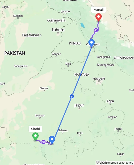 Route map showing distance and travel time from Sirohi, India to Manali, India