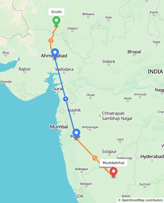 Route map showing distance and travel time from Sirohi, India to Muddebihal, India