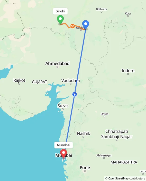 Route map showing distance and travel time from Sirohi, India to Mumbai, India