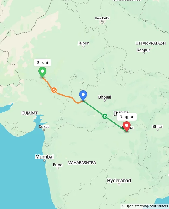 Route map showing distance and travel time from Sirohi, India to Nagpur, India