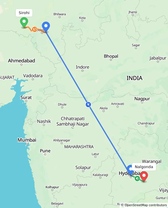 Route map showing distance and travel time from Sirohi, India to Nalgonda, India
