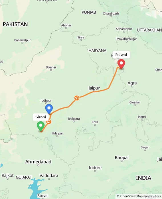 Route map showing distance and travel time from Sirohi, India to Palwal, India