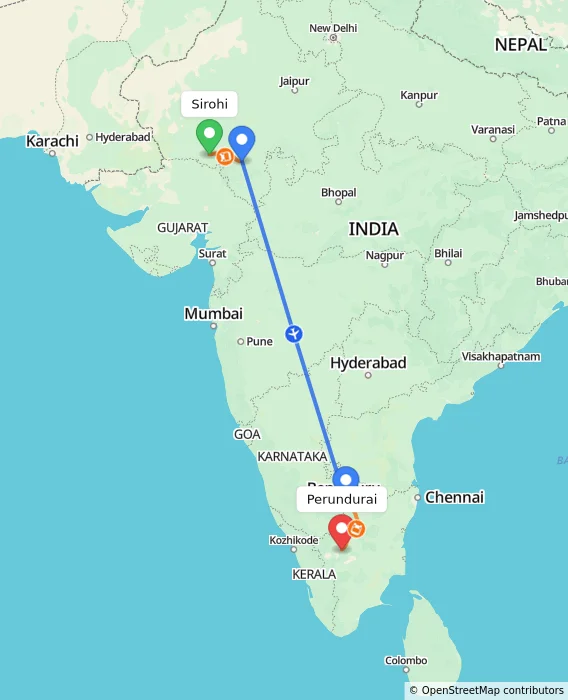 Route map showing distance and travel time from Sirohi, India to Perundurai, India