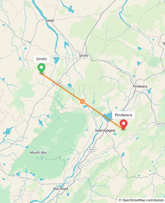 Route map showing distance and travel time from Sirohi, India to Pindwara, India