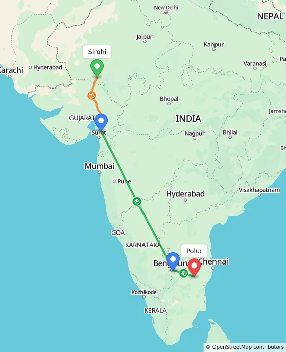 Route map showing distance and travel time from Sirohi, India to Polur, India