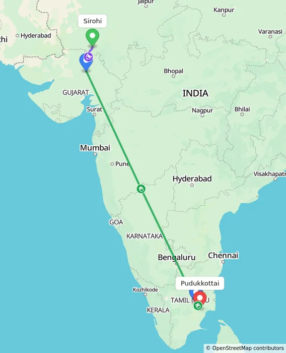 Route map showing distance and travel time from Sirohi, India to Pudukkottai, India
