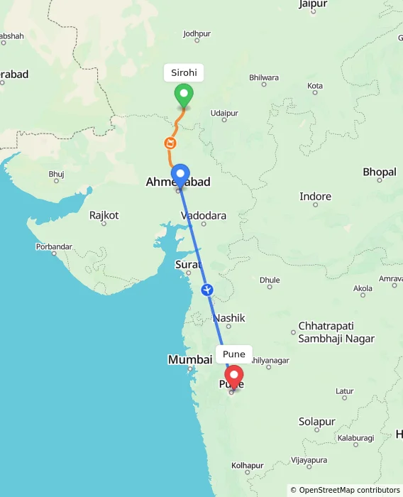 Route map showing distance and travel time from Sirohi, India to Pune, India
