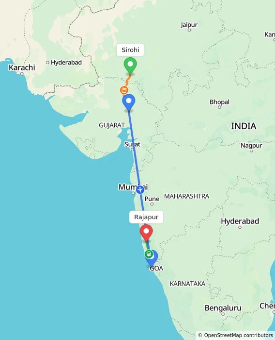 Route map showing distance and travel time from Sirohi, India to Rajapur, India