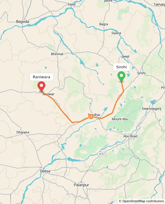 Route map showing distance and travel time from Sirohi, India to Raniwara, India