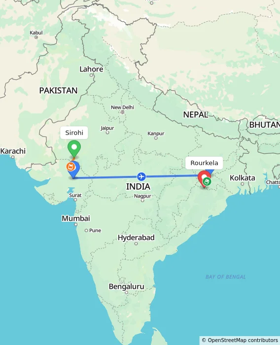 Route map showing distance and travel time from Sirohi, India to Rourkela, India