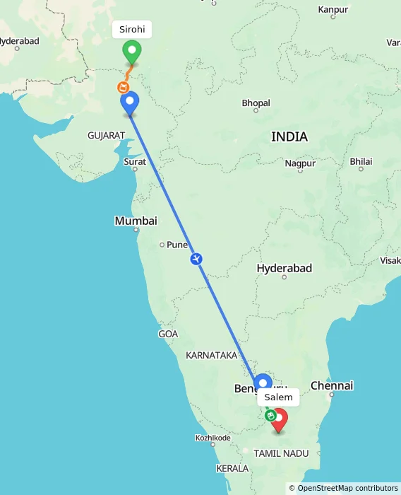 Route map showing distance and travel time from Sirohi, India to Salem, India