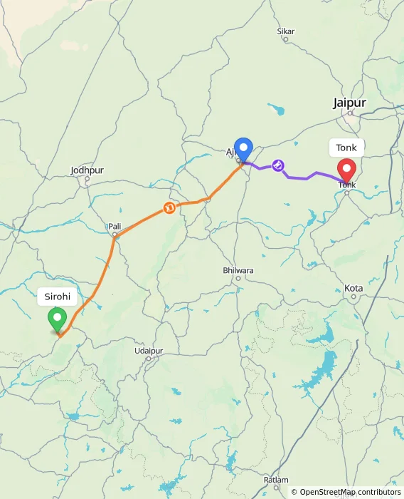 Route map showing distance and travel time from Sirohi, India to Tonk, India