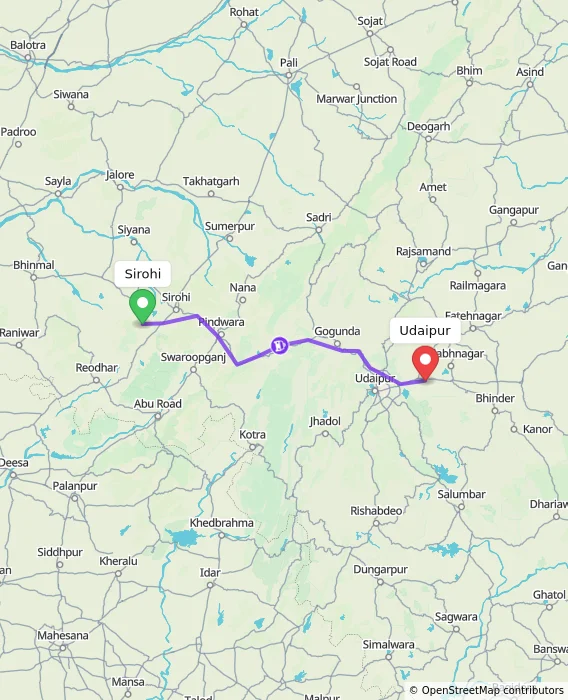 Route map showing distance and travel time from Sirohi, India to Udaipur, India