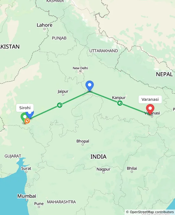Route map showing distance and travel time from Sirohi, India to Varanasi, India