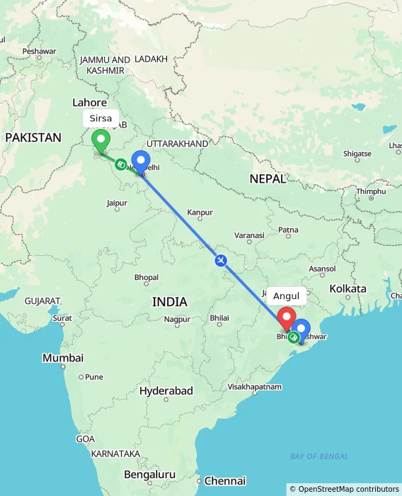 Route map showing distance and travel time from Sirsa, India to Angul, India