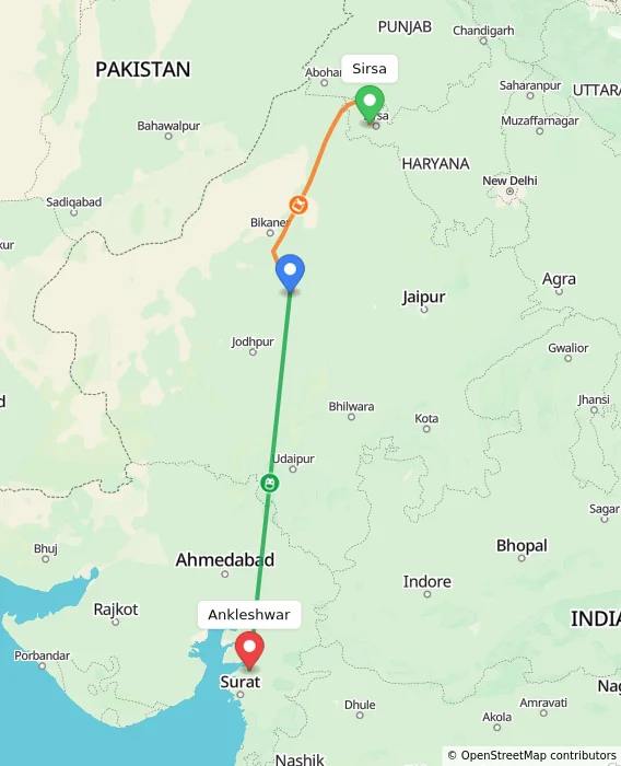 Route map showing distance and travel time from Sirsa, India to Ankleshwar, India