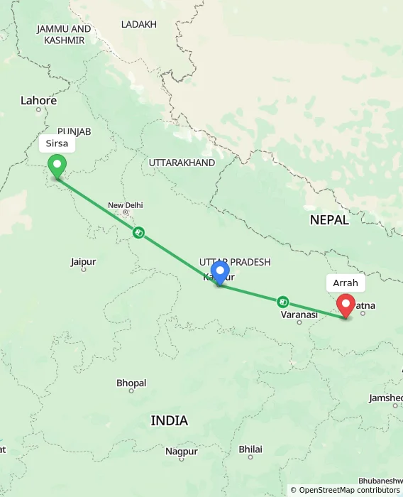 Route map showing distance and travel time from Sirsa, India to Arrah, India