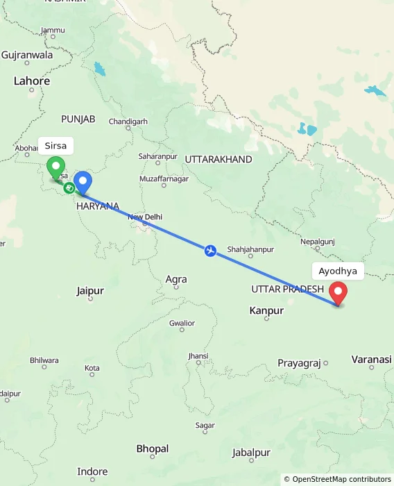 Route map showing distance and travel time from Sirsa, India to Ayodhya, India