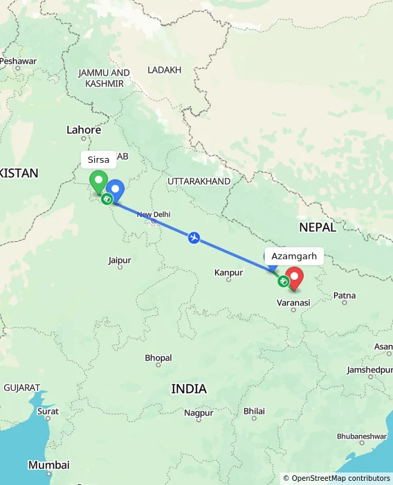 Route map showing distance and travel time from Sirsa, India to Azamgarh, India