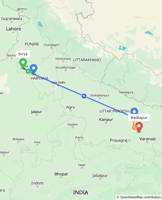 Route map showing distance and travel time from Sirsa, India to Badlapur, India