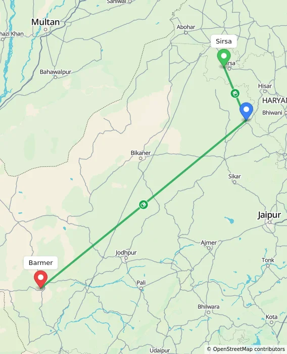 Route map showing distance and travel time from Sirsa, India to Barmer, India