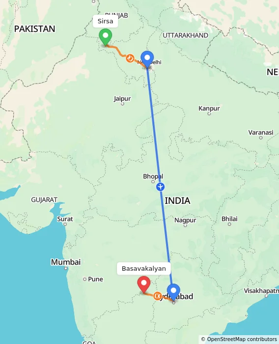 Route map showing distance and travel time from Sirsa, India to Basavakalyan, India