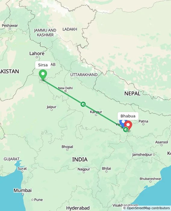 Route map showing distance and travel time from Sirsa, India to Bhabua, India