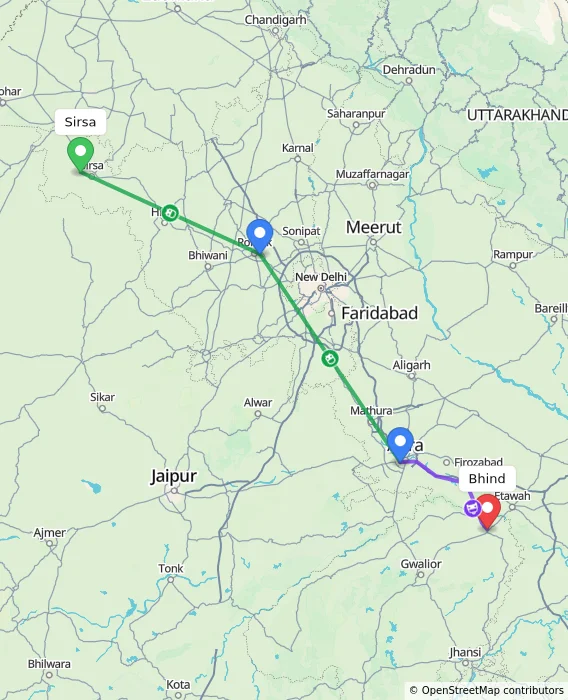 Route map showing distance and travel time from Sirsa, India to Bhind, India