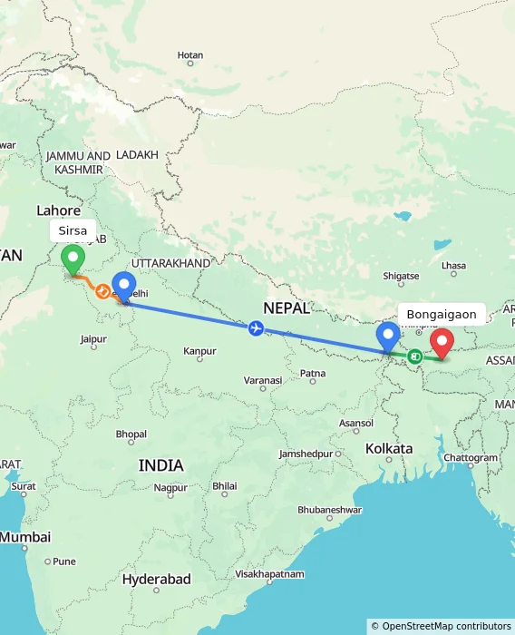 Route map showing distance and travel time from Sirsa, India to Bongaigaon, India