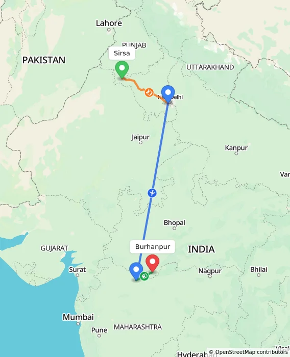 Route map showing distance and travel time from Sirsa, India to Burhanpur, India