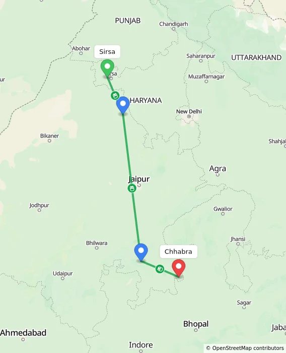 Route map showing distance and travel time from Sirsa, India to Chhabra, India