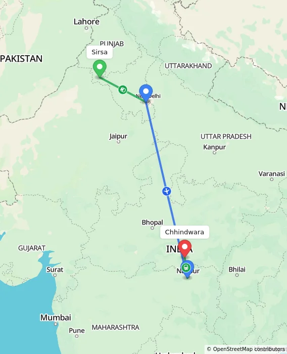 Route map showing distance and travel time from Sirsa, India to Chhindwara, India